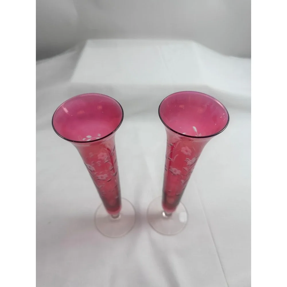 2 Vintage Ruby Red Glass Bud‎ Handblown Vases Etched Floral Design